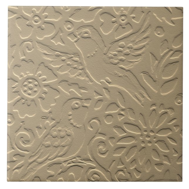 Bird Tan Clay Flowers Embossed Art+Nouveau Nature Tile (Front)