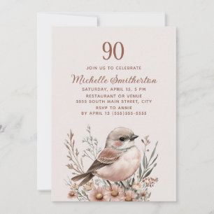 Bird Terracotta Pink 90th Birthday Invitation