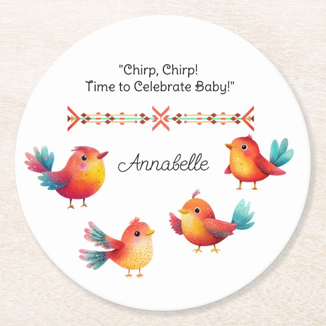 Bird-Themed Baby Shower Cute Watercolor Round Paper Coaster (Front)