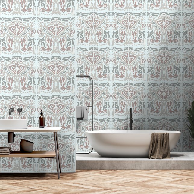 Bird Tree Earth Colors Symmetrical Pattern Wallpaper (Bathroom)