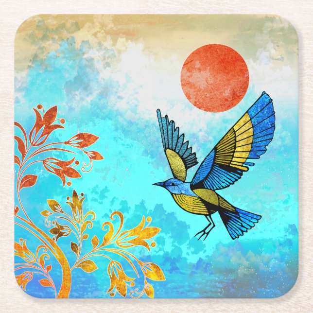 Bird Tree Sun Square Paper Coaster (Front)
