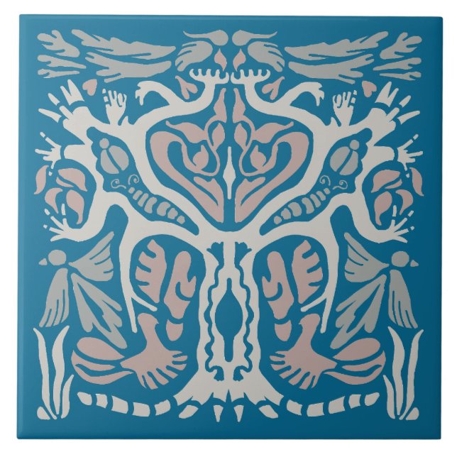 Bird Tree Symmetrical Nature Design Blue Tile (Front)
