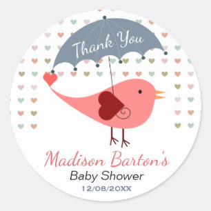 Bird Under Umbrella Raining Hearts Baby Shower Classic Round Sticker