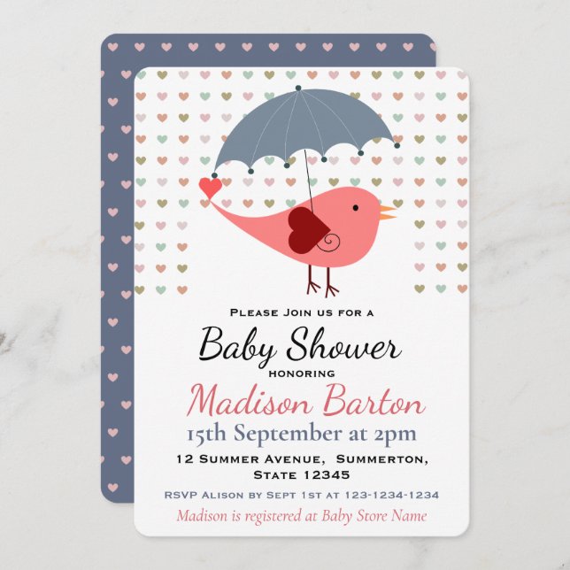 Bird Under Umbrella Raining Hearts Baby Shower Invitation (Front/Back)