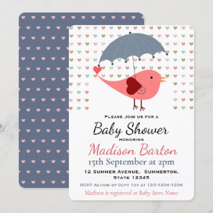 Bird Under Umbrella Raining Hearts Baby Shower Invitation