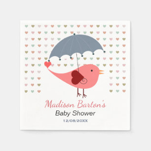 Bird Under Umbrella Raining Hearts Baby Shower Napkin