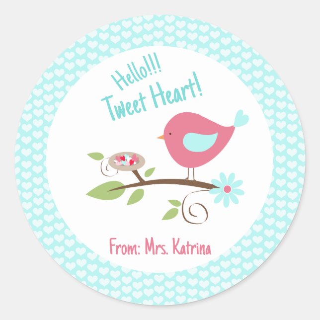 Bird Valentine's Day Kids Hello Tweet Heart Classic Round Sticker (Front)