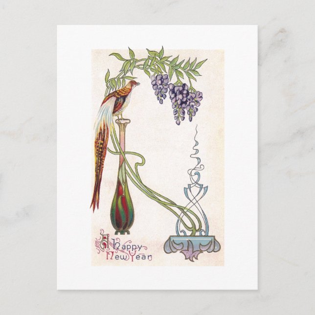 Bird, Vase and Wisteria Art Nouveau New Year Holiday Postcard (Front)