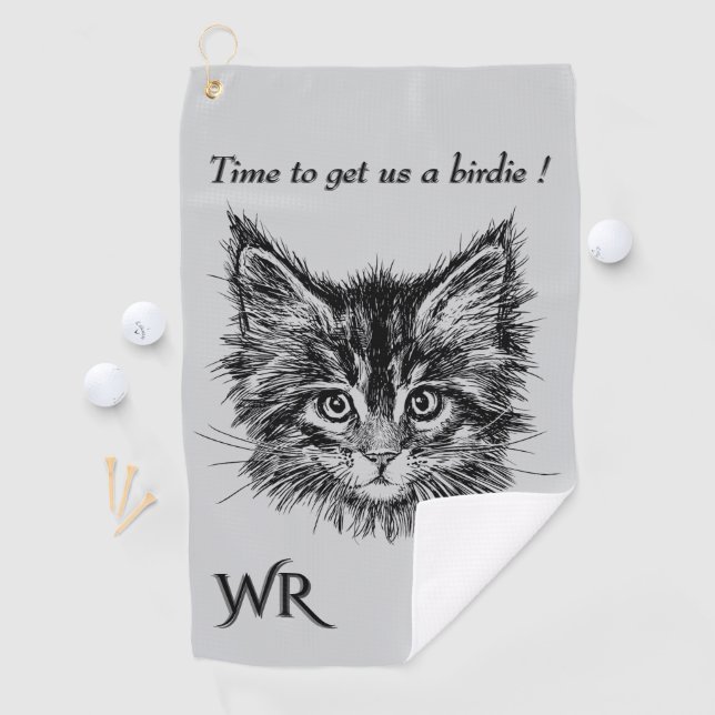 Bird Watching Kitten Face Funny w Monogram grey Golf Towel (InSitu)