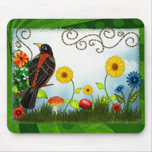 Bird Watching Whimsical Folk Art Mouse Mat