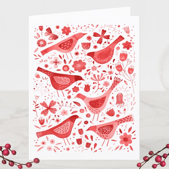 Bird Watercolor Red Holiday Card (Watercolor birds and flowers red and white holiday card)