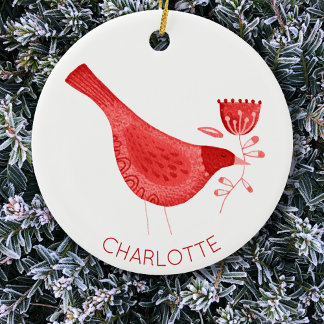Bird Watercolor Red Personalised Ceramic Tree Decoration