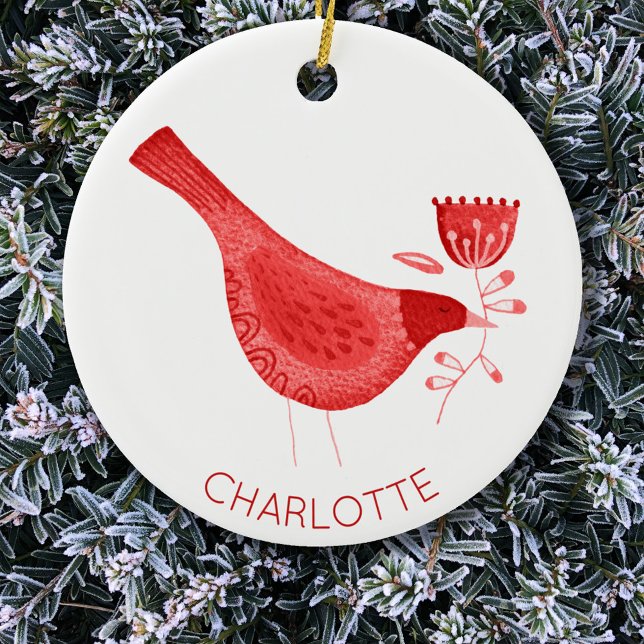 Bird Watercolor Red Personalised Ceramic Tree Decoration (Red watercolor bird personalized custom name Christmas ornament)