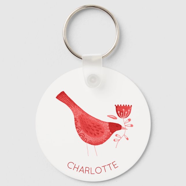Bird Watercolor Red Personalised Key Ring (Front)