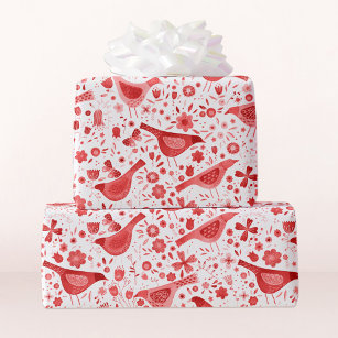 Bird Watercolor Red White Wrapping Paper