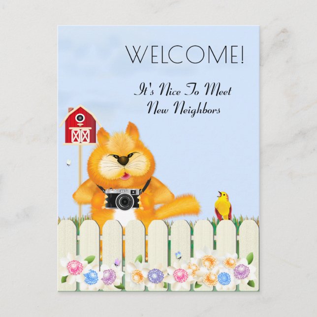 Bird Welcomes Cat to Neighbourhood | New Home Invitation Postcard (Front)