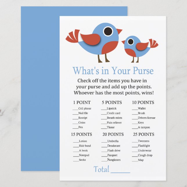 Bird What's in your purse game baby shower (Front/Back)