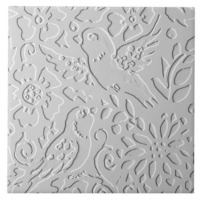 Bird White Grey Black Embossed  Woodland Animal Tile (Front)