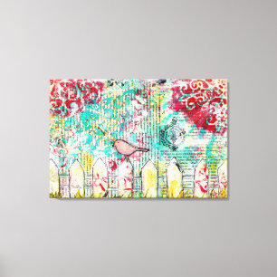 Bird & White Picket Fence Mixed Media Painting Canvas Print