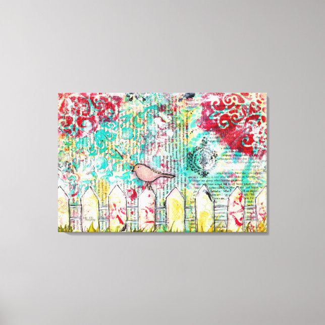 Bird & White Picket Fence Mixed Media Painting Canvas Print (Front)