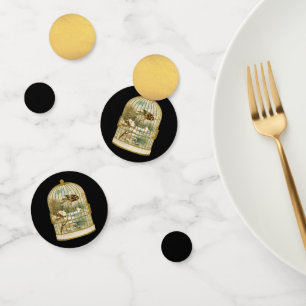 Bird Winter cabin Scene in Gold Birdcage Black Confetti