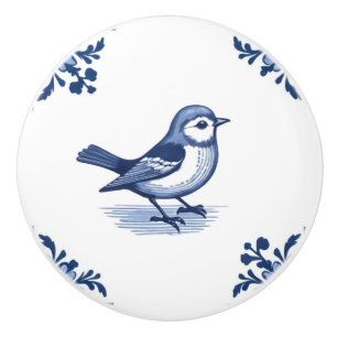 Bird with Delft Blue and White Floral Corners Ceramic Knob