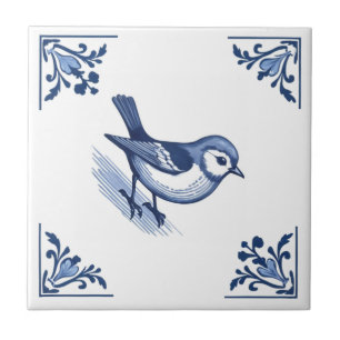 Bird with Delft Blue and White Floral Corners Tile