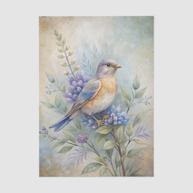 Bird with Flowers in Shades of Blue and Purple Tissue Paper (Front)