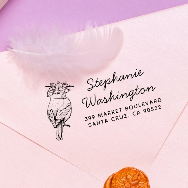 Bird With Flowers | Name Script & Return Address Rubber Stamp (Creator Uploaded)