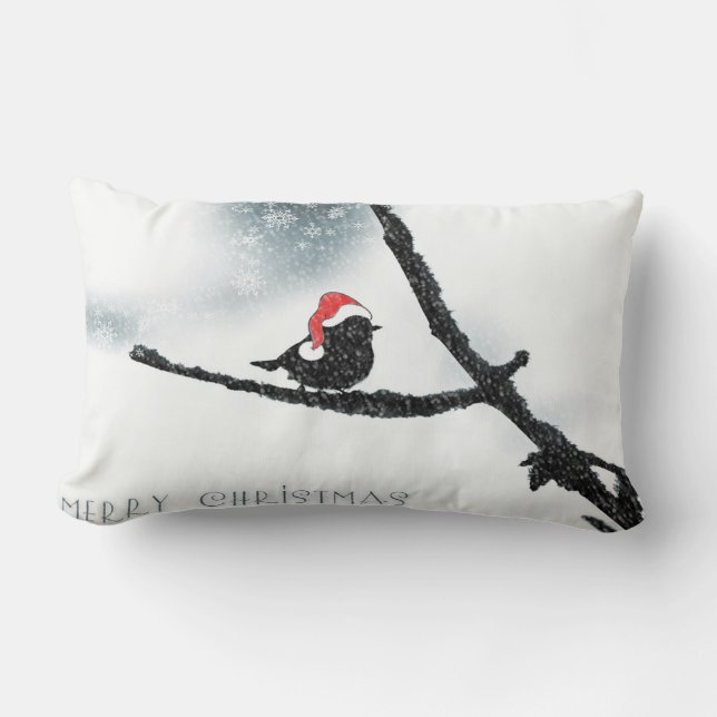 Bird With Santa Hat, Merry Christmas Lumbar Cushion (Front)