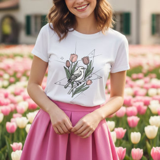 Bird with Tulip flower Minimalist Floral Botanical Tri-Blend Shirt