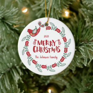 Bird Wreath & Family Photo Christmas Ornament