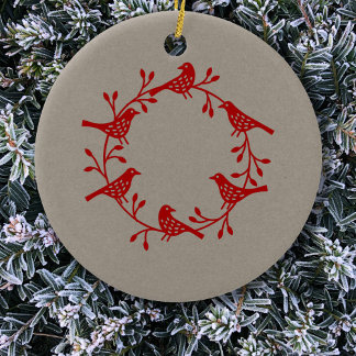 Bird Wreath Red on Neutral Modern Scandi Ceramic Tree Decoration