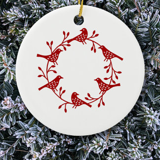 Bird Wreath Red on White Modern Scandi Ceramic Tree Decoration