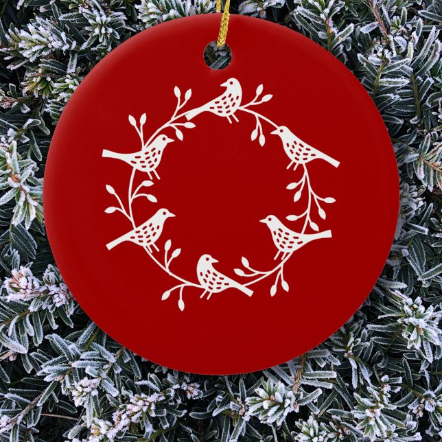 Bird Wreath White Red Ceramic Tree Decoration (Scandinavian bird wreath white on red Christmas ornament)