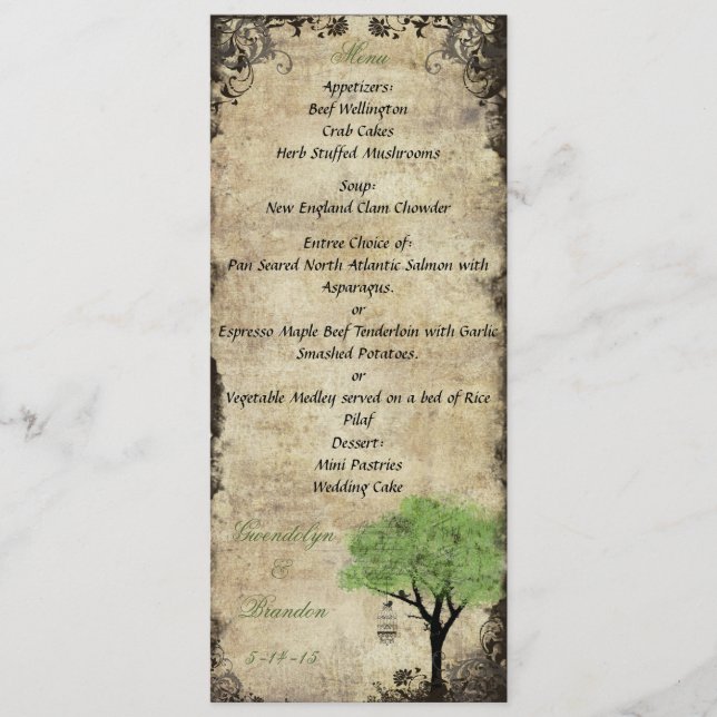 Birdcage and Tree Green Wedding Menu Card (Front)