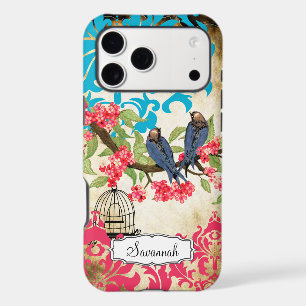 Birdcage Bird Pink Coral Aqua Damask 