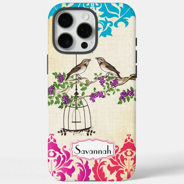Birdcage Bird Pink Coral Aqua Damask  Case-Mate iPhone Case (Back)