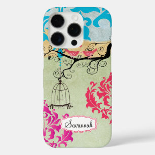 Birdcage Bird Pink Coral Aqua Damask  iPhone 16 Pro Case