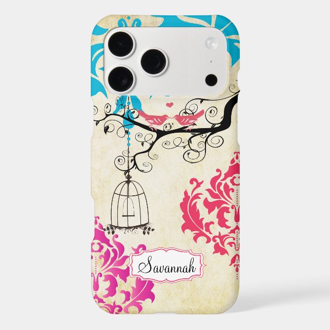 Birdcage Bird Pink Coral Aqua Damask iPhone Case (Back)