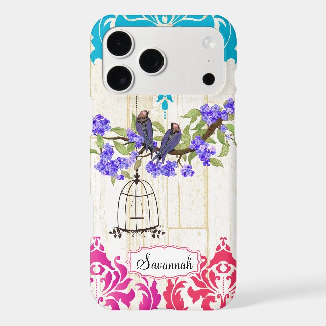 Birdcage Bird Pink Coral Aqua Damask iPhone Case (Back)