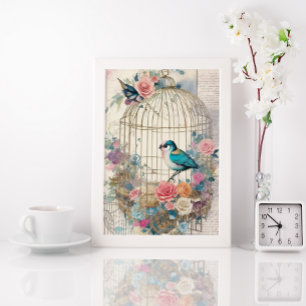 Birdcage Mixed Media Collage Ephemera Decoupage Poster