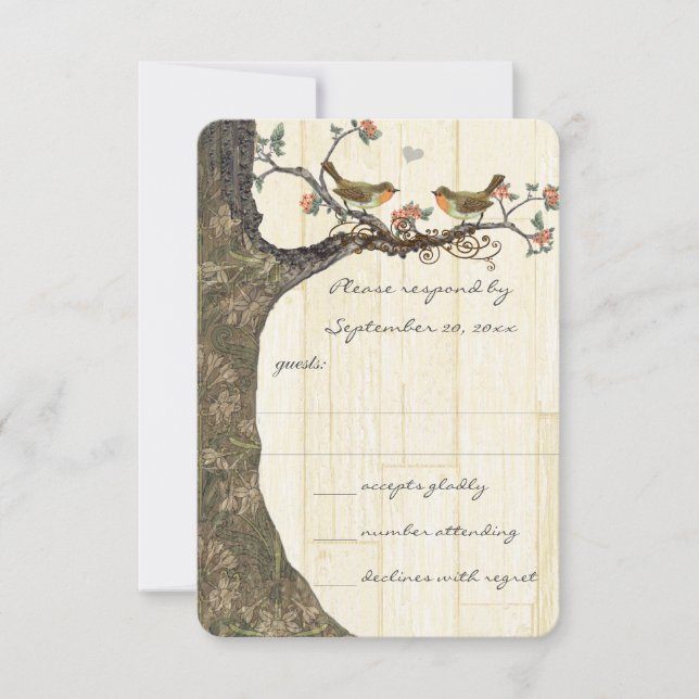 Birdcage Peach & Grey Vintage Birds Wedding Invite (Front)
