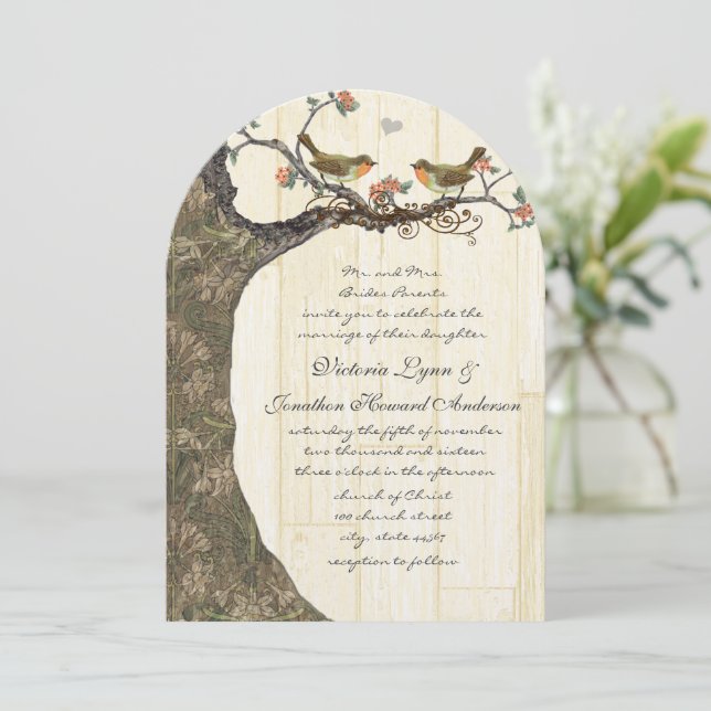 Birdcage Peach & Grey Vintage Birds Wedding Invite (Standing Front)