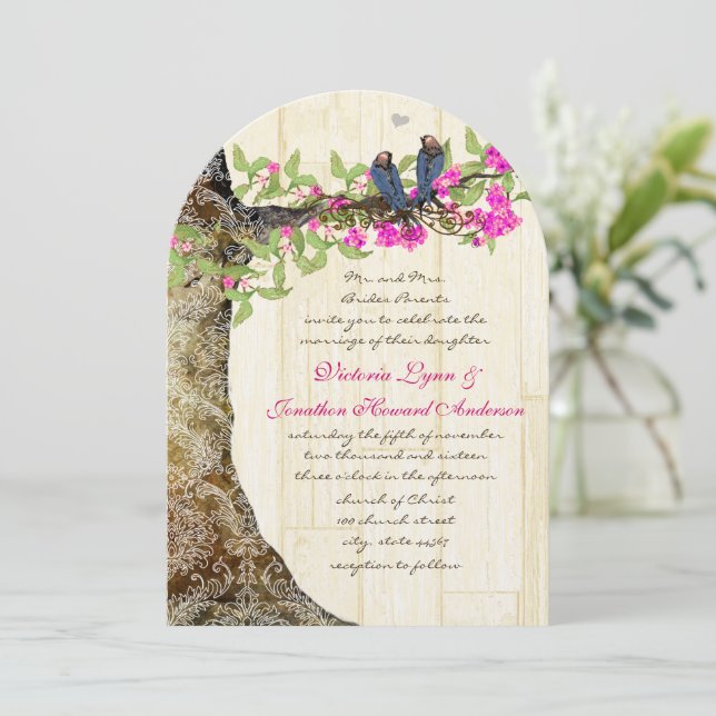 Birdcage Pink Navy Vintage Birds Wedding Damask Invitation (Standing Front)