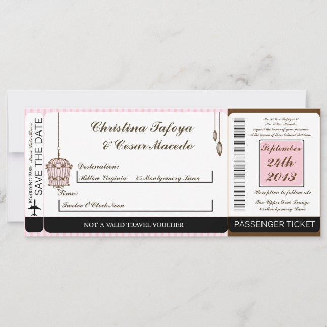 Birdcage/Pink Str Boarding Pass Wedding Invitation (Front)