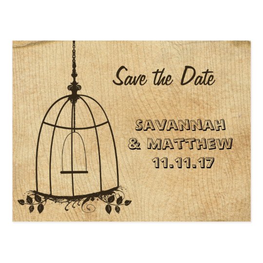 Birdcage Save the Date on Wood Grain Postcard