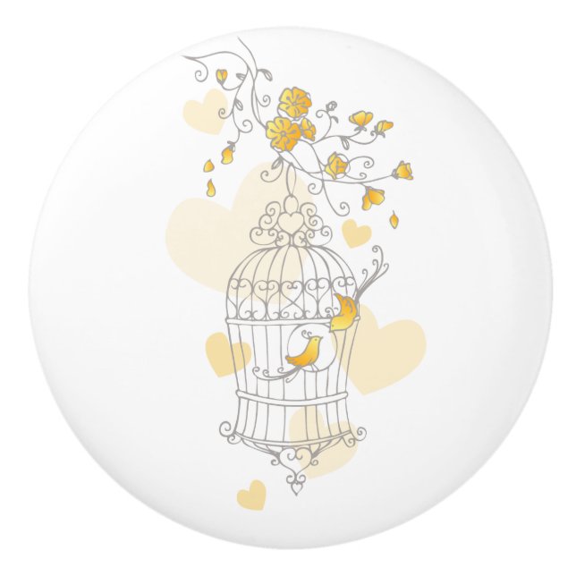 Birdcage two love birds hearts art doorknob ceramic knob (Front)