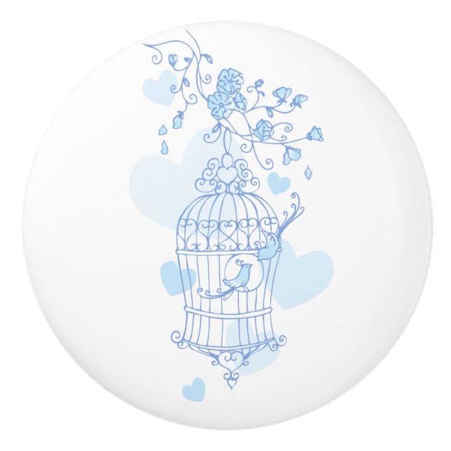 Birdcage two love birds hearts blue doorknob ceramic knob (Front)