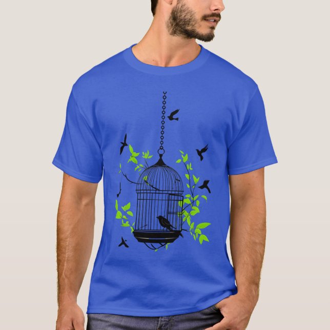 Birdcage with Green Leaves and Bird Silhouettes fr T-Shirt (Front)